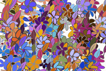 Color leaves & flowers illustrations background, hand drawn. Canvas, wallpaper, details & shape.