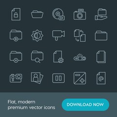 Modern Simple Set of folder, video, photos, files Vector outline Icons. Contains such Icons as  adult,  video, player,  sign,  empty, folder and more on dark background. Fully Editable. Pixel Perfect.