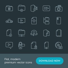 Modern Simple Set of folder, video, photos, files Vector outline Icons. Contains such Icons as  icon, rewind,  folder,  mobile,  hand, play and more on dark background. Fully Editable. Pixel Perfect.