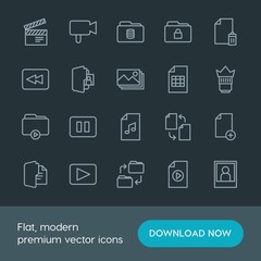 Fototapeta premium Modern Simple Set of folder, video, photos, files Vector outline Icons. Contains such Icons as pause, play, people, design, add, game and more on dark background. Fully Editable. Pixel Perfect.