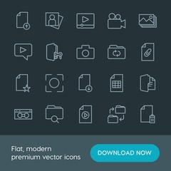 Modern Simple Set of folder, video, photos, files Vector outline Icons. Contains such Icons as  media, portrait,  internet,  white,  person and more on dark background. Fully Editable. Pixel Perfect.
