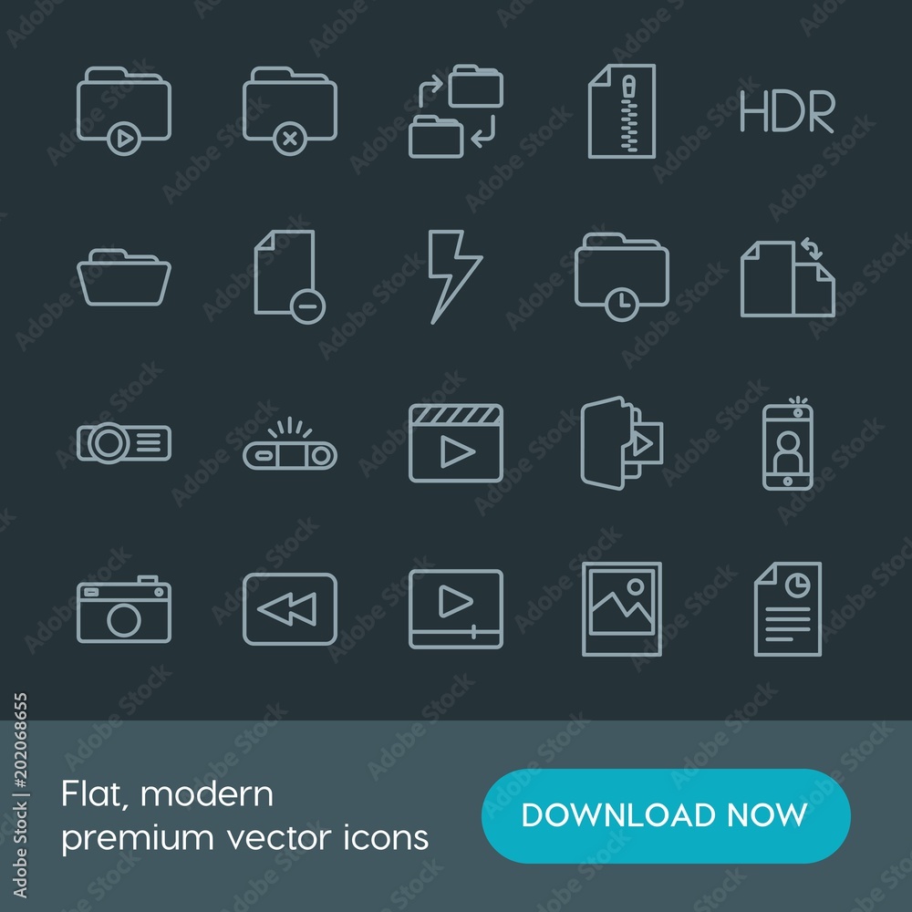 Poster modern simple set of folder, video, photos, files vector outline icons. contains such icons as folde
