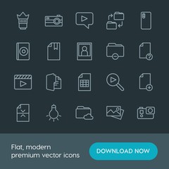 Modern Simple Set of folder, video, photos, files Vector outline Icons. Contains such Icons as  social,  technology,  lens,  camera,  new and more on dark background. Fully Editable. Pixel Perfect.