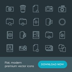 Modern Simple Set of folder, video, photos, files Vector outline Icons. Contains such Icons as time, camera,  background,  illustration and more on dark background. Fully Editable. Pixel Perfect.