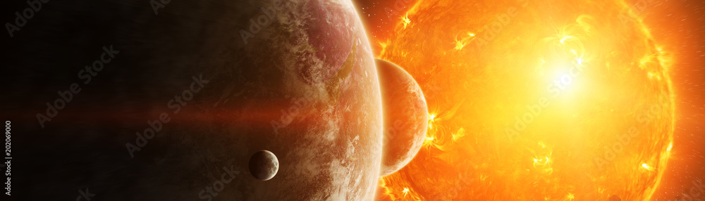 Wall mural exploding sun in space close to planet 3d rendering elements of this image furnished by nasa