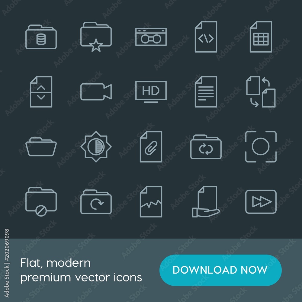 Poster modern simple set of folder, video, photos, files vector outline icons. contains such icons as bookl