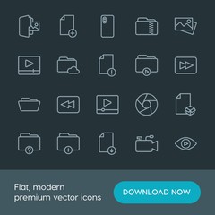 Modern Simple Set of folder, video, photos, files Vector outline Icons. Contains such Icons as  add,  internet,  dual,  business, arrow, box and more on dark background. Fully Editable. Pixel Perfect.