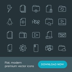 Modern Simple Set of folder, video, photos, files Vector outline Icons. Contains such Icons as  technology,  data, video,  vector, light and more on dark background. Fully Editable. Pixel Perfect.
