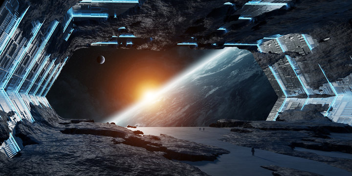 Huge asteroid spaceship interior 3D rendering elements of this image furnished by NASA