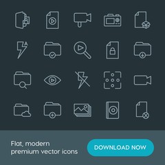 Modern Simple Set of folder, video, photos, files Vector outline Icons. Contains such Icons as camera, multimedia,  white, dvd,  cd,  view and more on dark background. Fully Editable. Pixel Perfect.