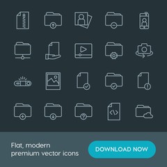 Modern Simple Set of folder, video, photos, files Vector outline Icons. Contains such Icons as  design,  camera, data, portrait,  person and more on dark background. Fully Editable. Pixel Perfect.