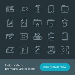 Modern Simple Set of folder, video, photos, files Vector outline Icons. Contains such Icons as  caption,  cloud, music,  landscape, rewind and more on dark background. Fully Editable. Pixel Perfect.