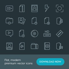 Modern Simple Set of folder, video, photos, files Vector outline Icons. Contains such Icons as  photography,  vector,  scroll,  flash, light and more on dark background. Fully Editable. Pixel Perfect.