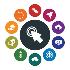 cloud and networking, cursors, design, email Infographic Colorful fill Icons Set. Contains such Icons as  post,  mailbox,  mouse,  network,  sign,  server,  web and more. Fully Editable. Pixel Perfect