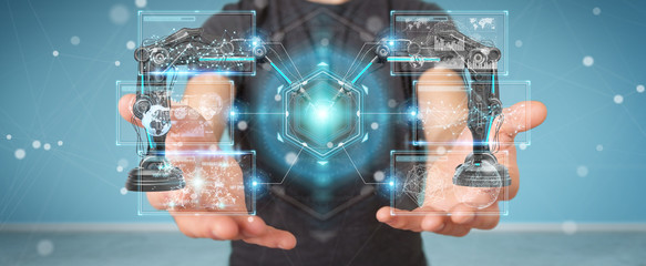 Businessman using robotics arms with digital screen 3D rendering