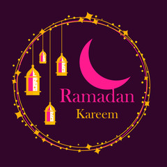 Hand-drawn Vector Illustration of Golden Ramadan lanterns with lights, pink color Crescent on a purple background with Ramadan Kareem greeting text.