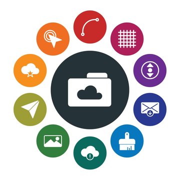 cloud and networking, cursors, design, email Infographic Colorful fill Icons Set. Contains such Icons as  mouse,  hand,  internet,  brush,  isolated,  gridline and more. Fully Editable. Pixel Perfect