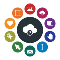 cloud and networking, cursors, design, email Infographic Colorful fill Icons Set. Contains such Icons as  photo, pointer,  finger, technology,  responsive, send and more. Fully Editable. Pixel Perfect