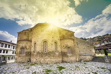 Fototapeta premium Exterior view of the Byzantium church of St. Sofia in Ohrid town, Macedonia against sunset