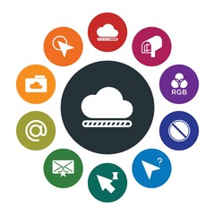cloud and networking, cursors, design, email Infographic Colorful fill Icons Set. Contains such Icons as cloud,  spectrum,  art,  computer,  box,  stop,  folder and more. Fully Editable. Pixel Perfect