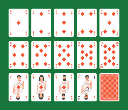 Playing cards of Diamonds suit and back on green background