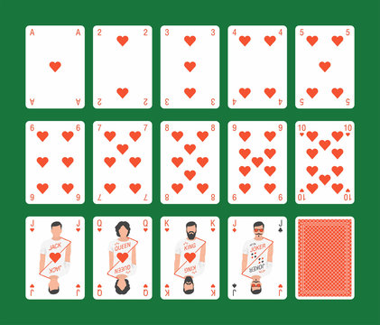 Playing cards of Hearts suit and back on green background