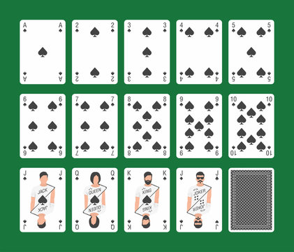 Playing cards of Spades suit and back on green background