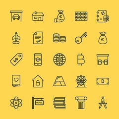 Modern Simple Set of business, money, buildings, education Vector outline Icons. Contains such Icons as history,  banking, hotel,  home and more on yellow background. Fully Editable. Pixel Perfect.