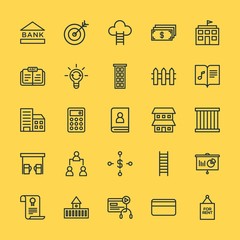 Modern Simple Set of business, money, buildings, education Vector outline Icons. Contains such Icons as  banking, rent,  credit,  blended and more on yellow background. Fully Editable. Pixel Perfect.