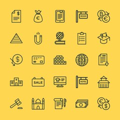 Modern Simple Set of business, money, buildings, education Vector outline Icons. Contains such Icons as  currency,  vector,  china, sign and more on yellow background. Fully Editable. Pixel Perfect.