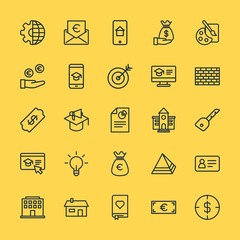 Modern Simple Set of business, money, buildings, education Vector outline Icons. Contains such Icons as  favorite,  action, house,  home and more on yellow background. Fully Editable. Pixel Perfect.