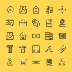 Modern Simple Set of business, money, buildings, education Vector outline Icons. Contains such Icons as  park,  building,  ticket,  eye and more on yellow background. Fully Editable. Pixel Perfect.