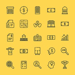 Modern Simple Set of business, money, buildings, education Vector outline Icons. Contains such Icons as internet, championship,  job,  web and more on yellow background. Fully Editable. Pixel Perfect.
