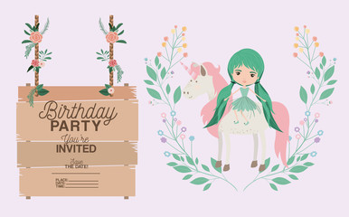 fairy with unicorn and label wooden invitation card vector illustration design