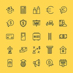 Modern Simple Set of business, money, buildings, education Vector outline Icons. Contains such Icons as construction, euro,  energy, power and more on yellow background. Fully Editable. Pixel Perfect.