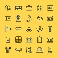 Modern Simple Set of business, money, buildings, education Vector outline Icons. Contains such Icons as office, portfolio,  work,  woman and more on yellow background. Fully Editable. Pixel Perfect.