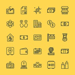 Modern Simple Set of business, money, buildings, education Vector outline Icons. Contains such Icons as hospital,  business,  invoice, dna and more on yellow background. Fully Editable. Pixel Perfect.