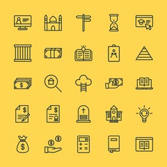 Modern Simple Set of business, money, buildings, education Vector outline Icons. Contains such Icons as time,  college,  sign,  school and more on yellow background. Fully Editable. Pixel Perfect.