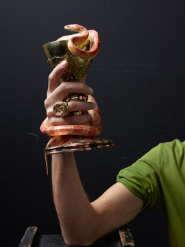 Hand holding gold chalice with snake wrapped around