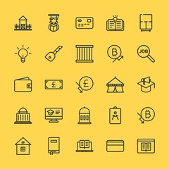 Modern Simple Set of business, money, buildings, education Vector outline Icons. Contains such Icons as  student,  girl, money,  payment and more on yellow background. Fully Editable. Pixel Perfect.