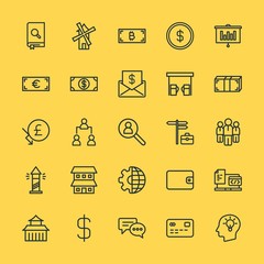 Modern Simple Set of business, money, buildings, education Vector outline Icons. Contains such Icons as  blockchain, mill,  usd,  business and more on yellow background. Fully Editable. Pixel Perfect.