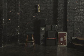 Speakers and sound equipment cases backstage