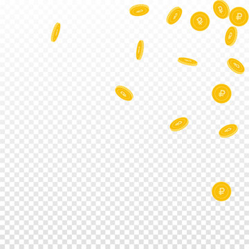 Russian ruble coins falling. Scattered sparse RUB coins on transparent background. Enchanting scattered top right corner vector illustration. Jackpot or success concept.