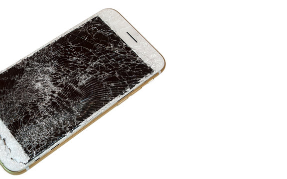 Modern smartphone with highly broken screen isolated on white background. Free space.