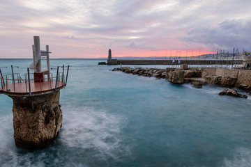 Beautiful sea landscape at sunset. Harbour in Nice during sunset, French Riviera, France