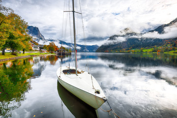 Misty morning on the lake Grundlsee Alps Austria Europe