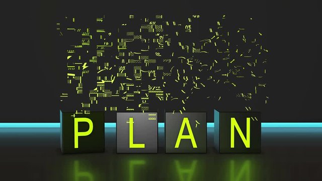 Plan word on cubes with neon lights. Vision and marketing in business.
