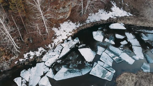 Aero shot. Huge pieces of ice on the river during the ice debacle