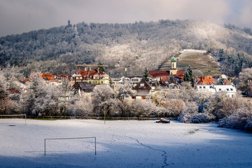 The beautiful town of Freiburg on a winter day. Wiehre is a residential district at the edge of Freiburg im Breisgau, located southwards and across the River Dreisam from the Old City.