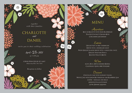 Wedding invitation and menu design template with floral wreath. Vector file.